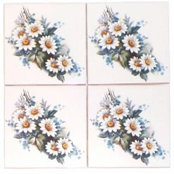 Best deal 👍 Mottles Murals Ceramic Tiles Daisy And Blue Forget Me Not Flower Kiln Fired Ceramic Tile, Set Of 4 😀