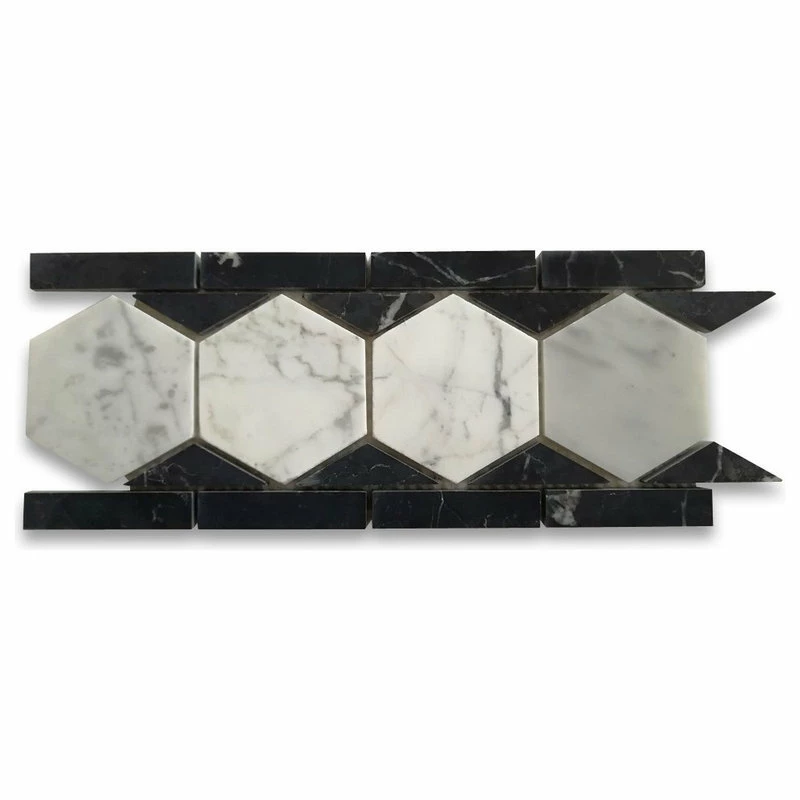 New ๐งจ Stone Center Online Carrara White Marble 3 Hexagon Listello Mosaic Border Tile Black Honed, 1 Sheet ๐ 1 New ๐งจ Stone Center Online Carrara White Marble 3 Hexagon Listello Mosaic Border Tile Black Honed, 1 Sheet ๐