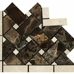 Best deal 💯 OTS Emperador Dark Marble Polished Basketweave Border Corner Mosaic Tile W/ Crema... 🔔