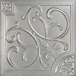 Best Sale ❤️ Decorative Ceiling Tiles, Inc. Lillies And Swirls, Faux Tin Ceiling Tile, Silver, 24"x24" 😍