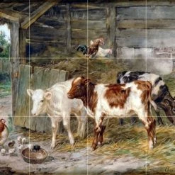 Best Pirce 🎁 FlekmanArt Tile Mural Hub Tile Mural Cattle And Chickens Backsplash Ceramic Glossy 🎁