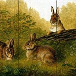 Hot Sale 🌟 FlekmanArt Tile Mural Hub Tile Mural Kitchen Backsplash Splashback Rabbits On A Log, Ceramic Matte 🎁