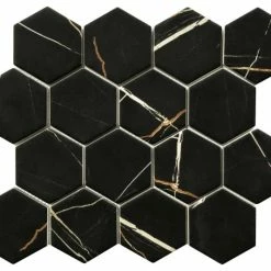 Discount 😍 DistrictII 3" Hexagon Matte Glass Mosaic Wall And Floor Tile, Nero Black Sample 🎁